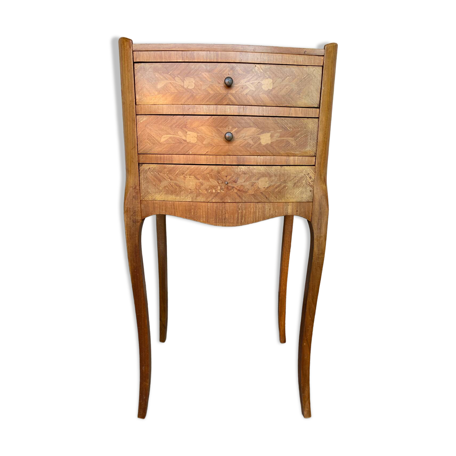 Antique Nightstand Louis XV Style Inlay Wood 3 Drawers Wine