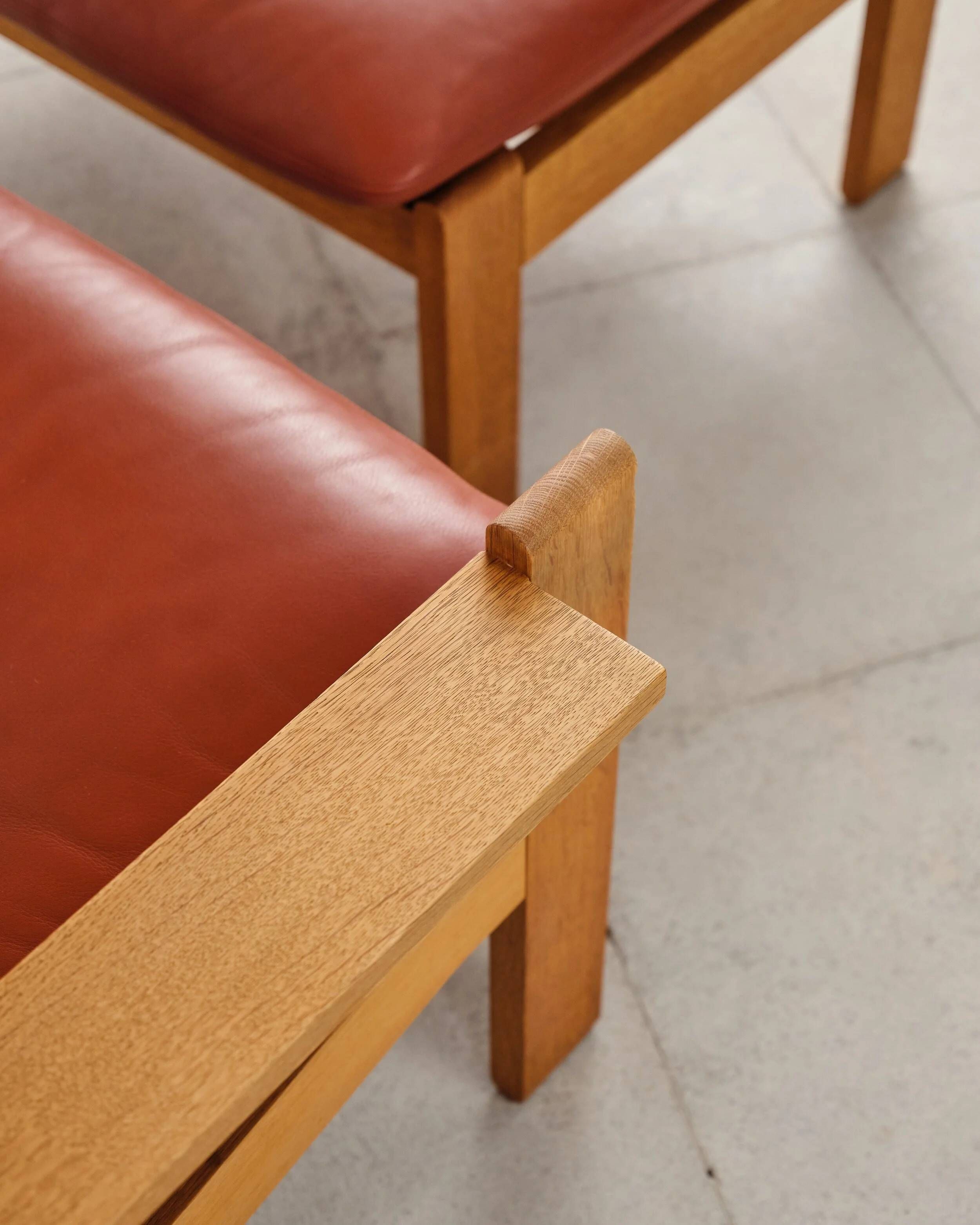 Brutalist oak and leather sofa, Tage Poulsen, 4 pieces, Denmark, 1970s.