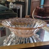 Pink molded glass bowl – embossed plant decoration – 1950s style