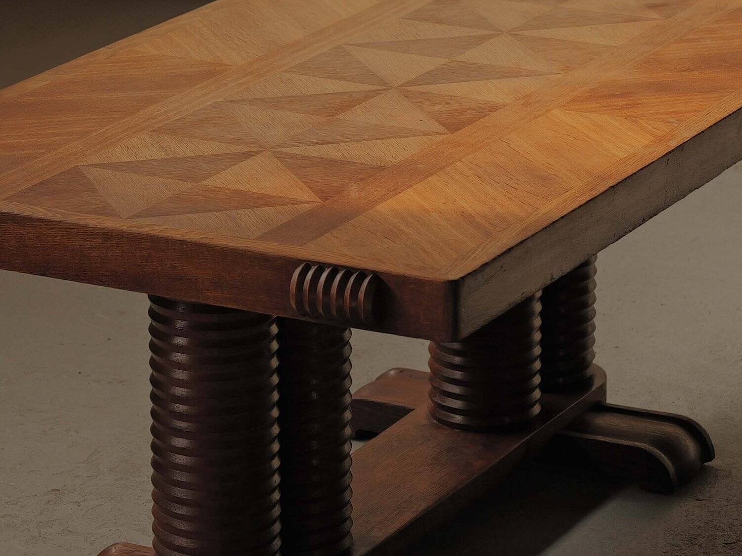 Solid oak table with marquetry, France, circa 1940.