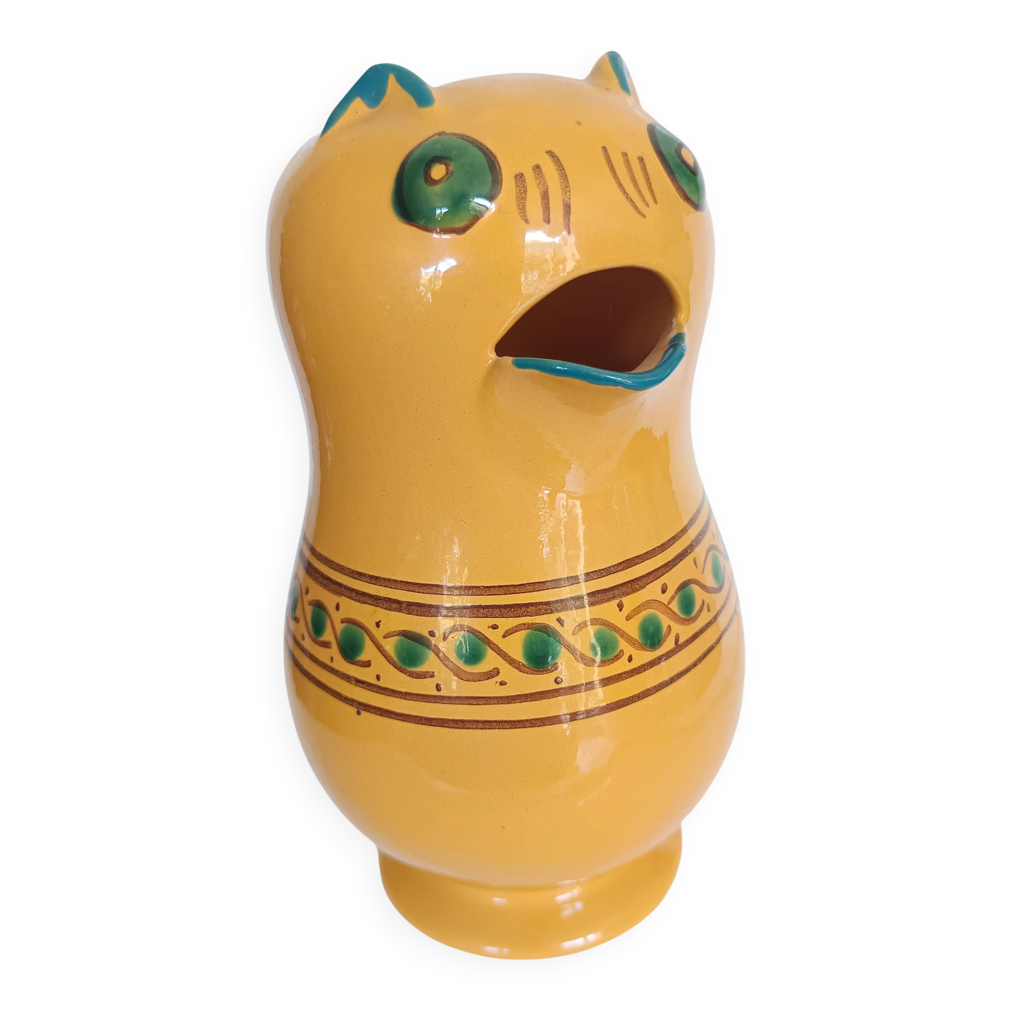 Large vintage ceramic cat pitcher – Hand Decor – French craftsmanship –