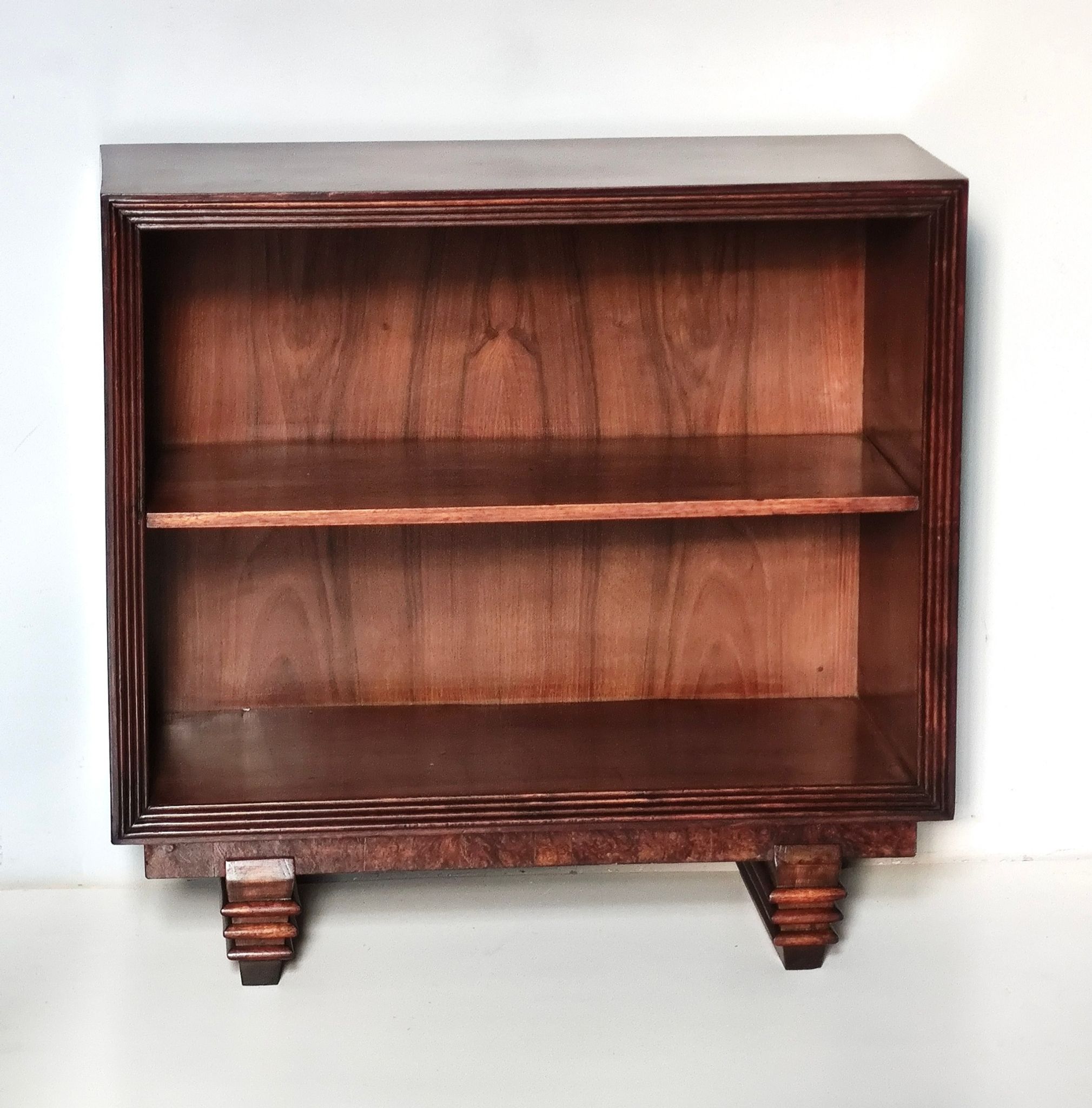 Vintage small walnut and birch root art deco bookcase, italy
