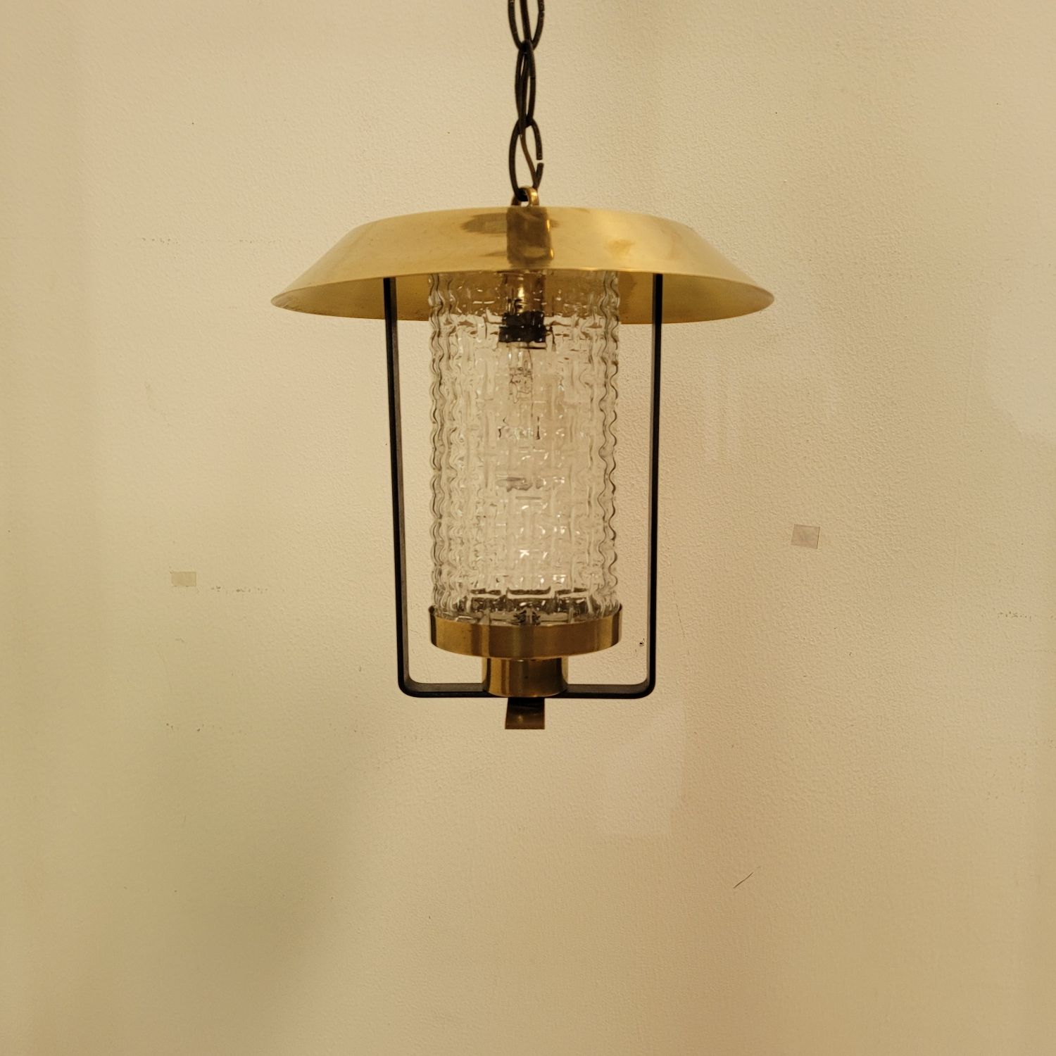 Vintage Pendant Lamp Maison Arlus in glass and brass year 70