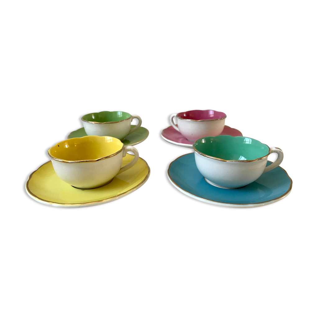 Lot De 6 Tasses à Café Rétro Années 1950 - Céramique Pastel, Avec Soucoupes, Fait Main - Occasion Parfait état
