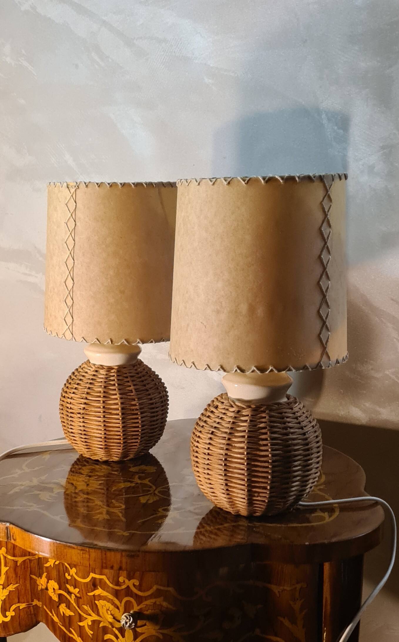 pair of bedside lamps ceramic and rattan lampshade 1960, elec ok 30x16