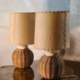 pair of bedside lamps ceramic and rattan lampshade 1960, elec ok 30x16