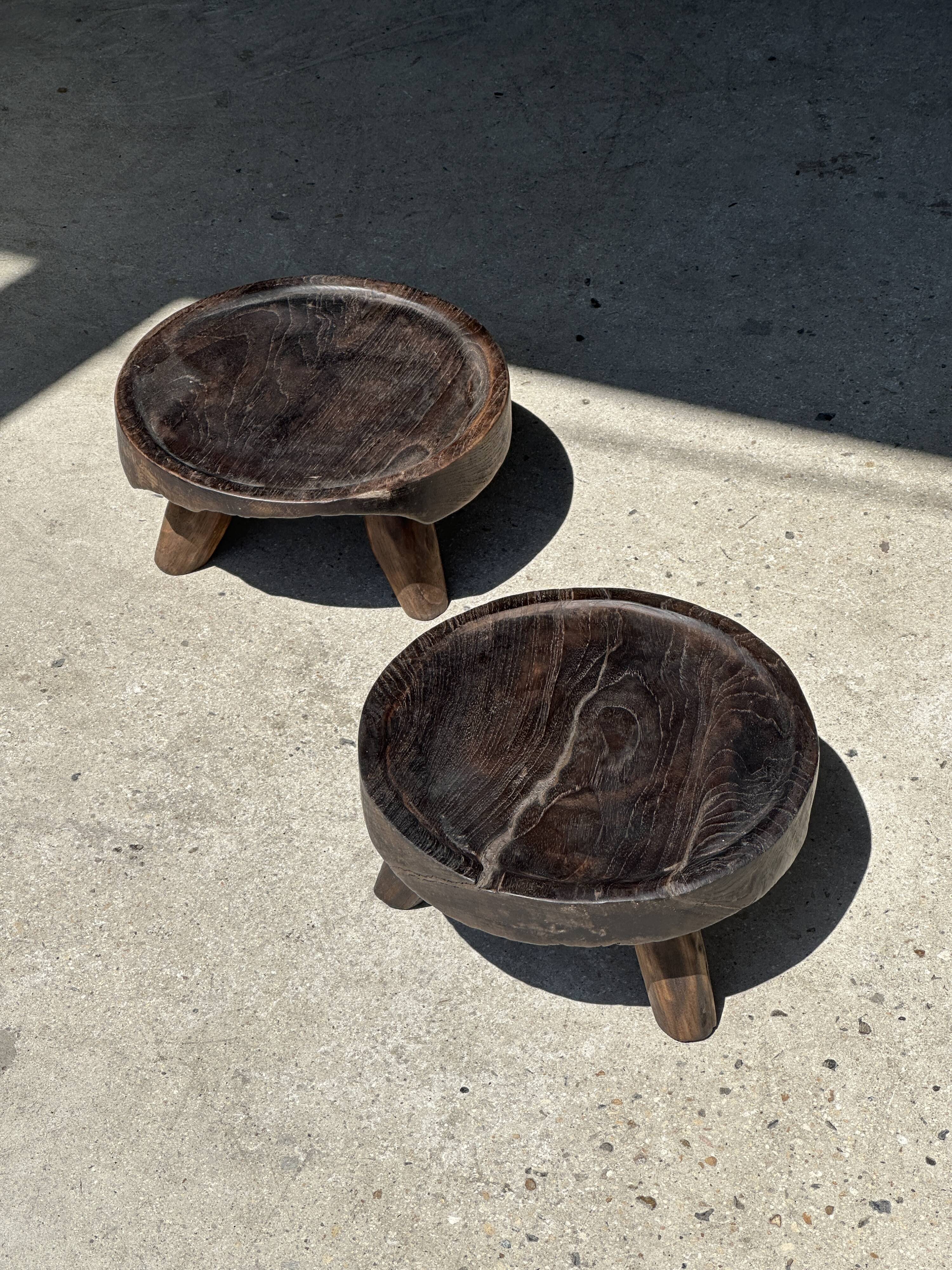 Small tripod stool low in dark brown upcycled teak