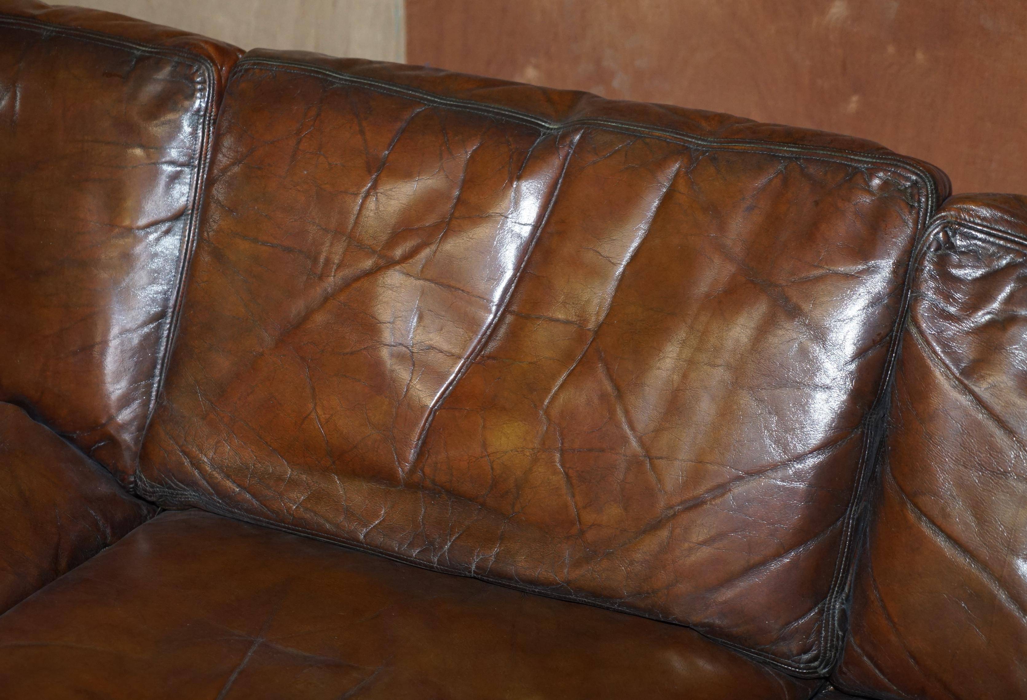 Restored leather mid-century modern low sofa