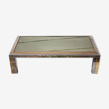 Table basse chrome et laiton avec plateau miroir fumé, table salon, moderniste, design, 70's