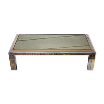 Table basse chrome et laiton avec plateau miroir fumé, table salon, moderniste, design, 70's