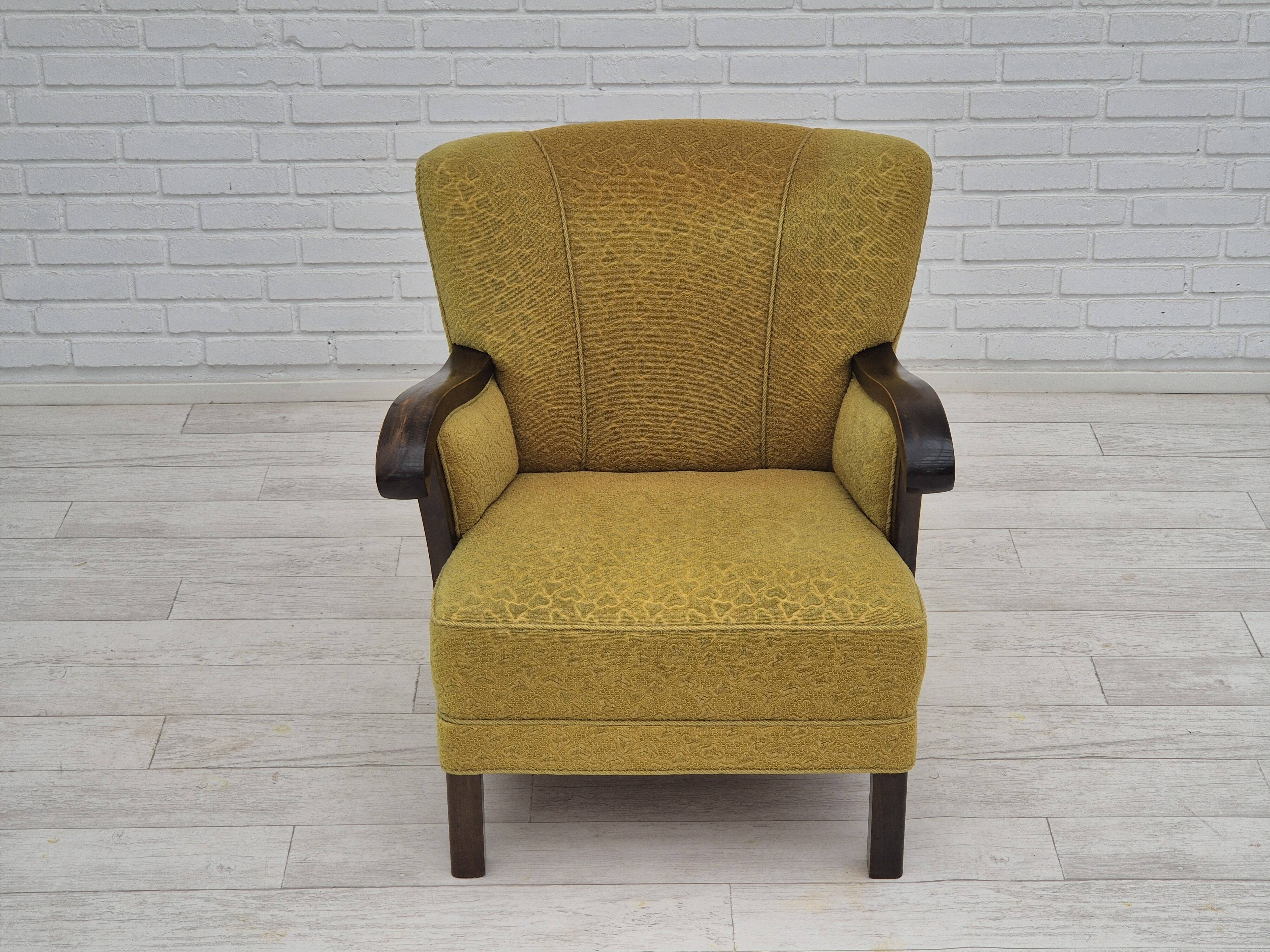 1950s, Danish vintage chair, light green cotton/wool fabric, beech wood.