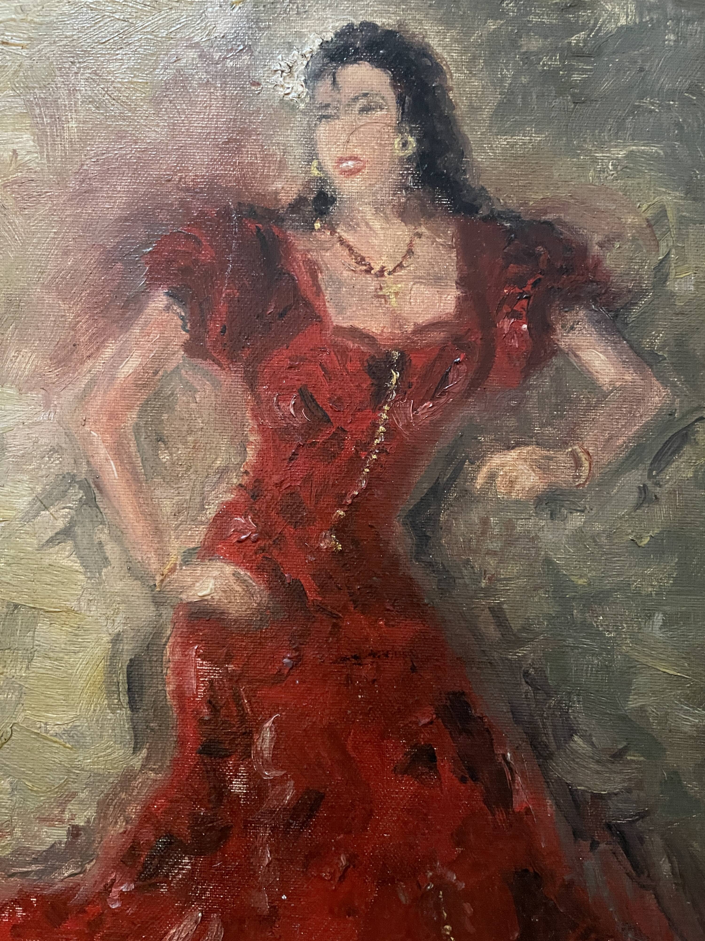 Signed oil painting on cardboard canvas "Flamenco dancer"