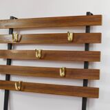 Wall coat rack by Carl Aubock with 5 brass hooks, walnut, iron, Austria, 1950s.