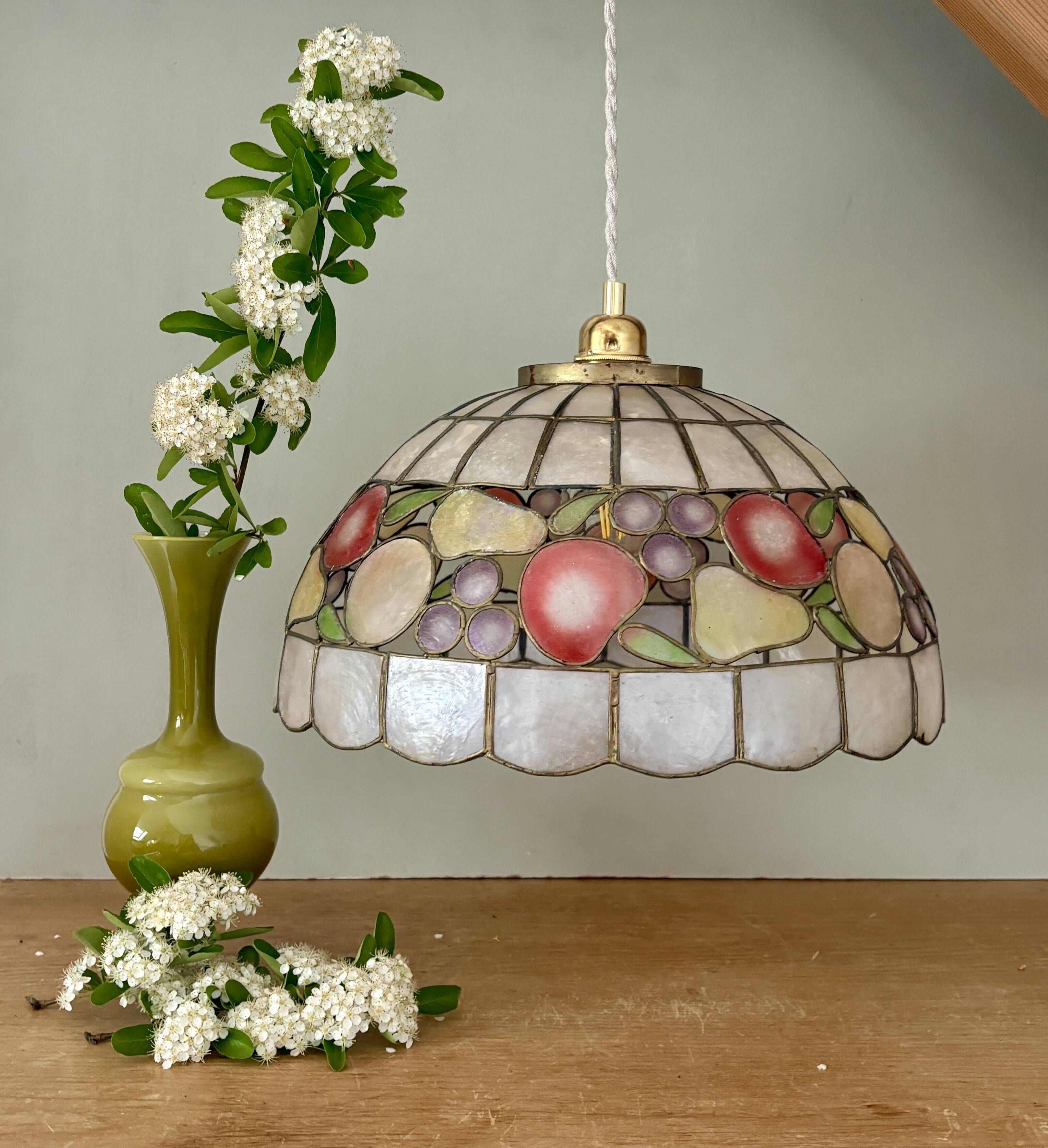 Vintage mother-of-pearl and brass pendant lampshade with fruit decorations