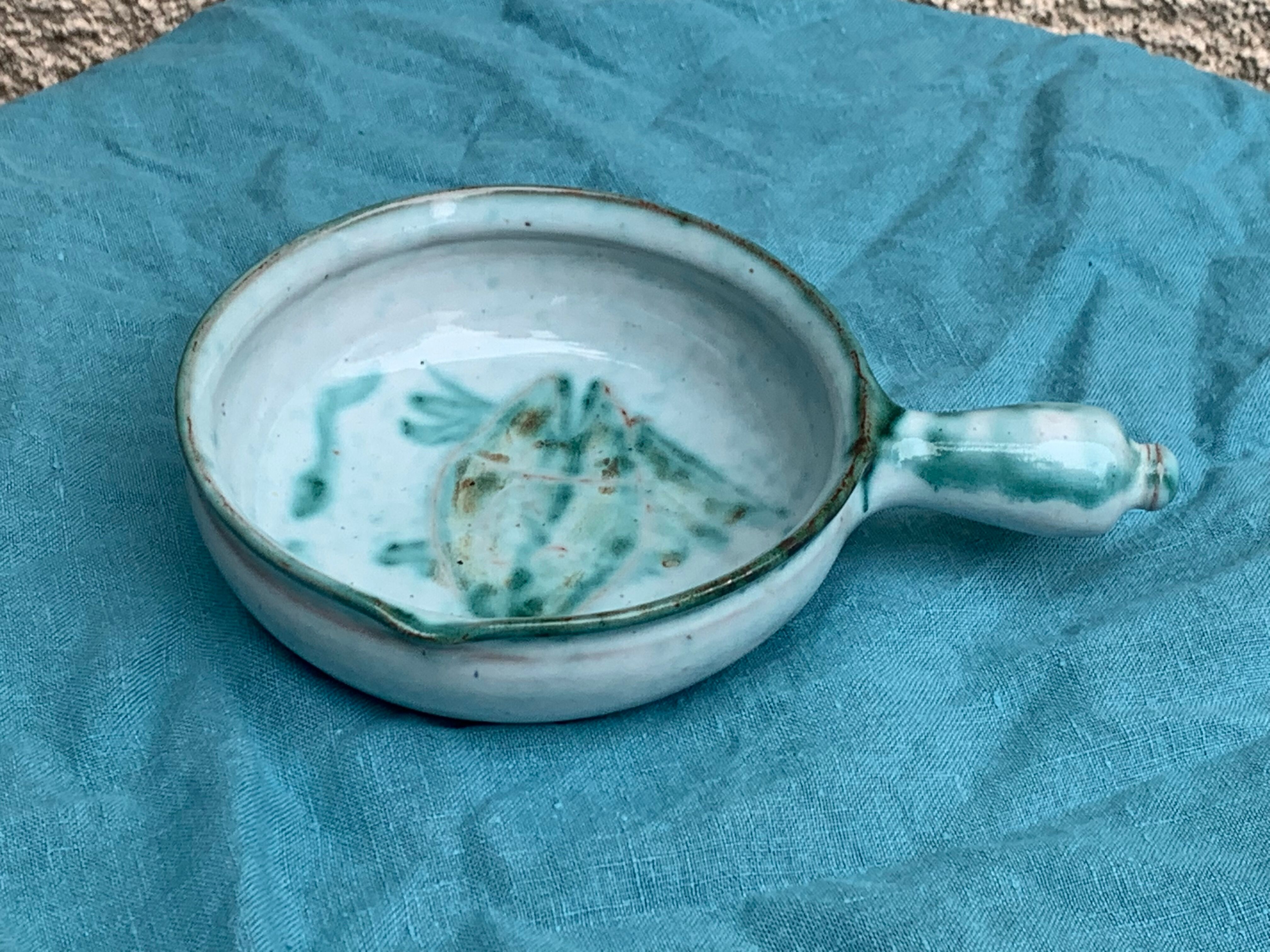 Caquelon, pan sign Humbert pittari vallauris model with blue glazed ceramic fish