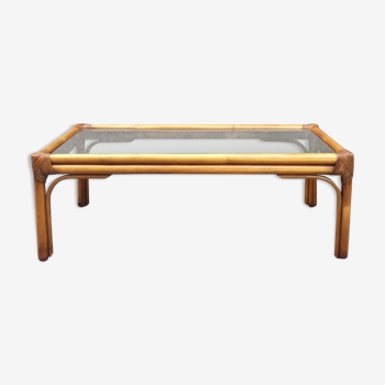 Table basse rectangulaire en rotin et en verre fumé 100x50