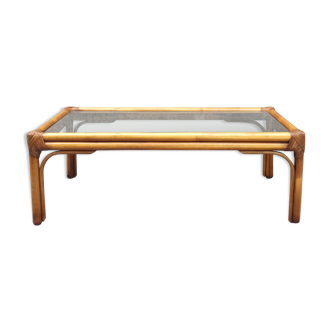 Table basse rectangulaire en rotin et en verre fumé 100x50