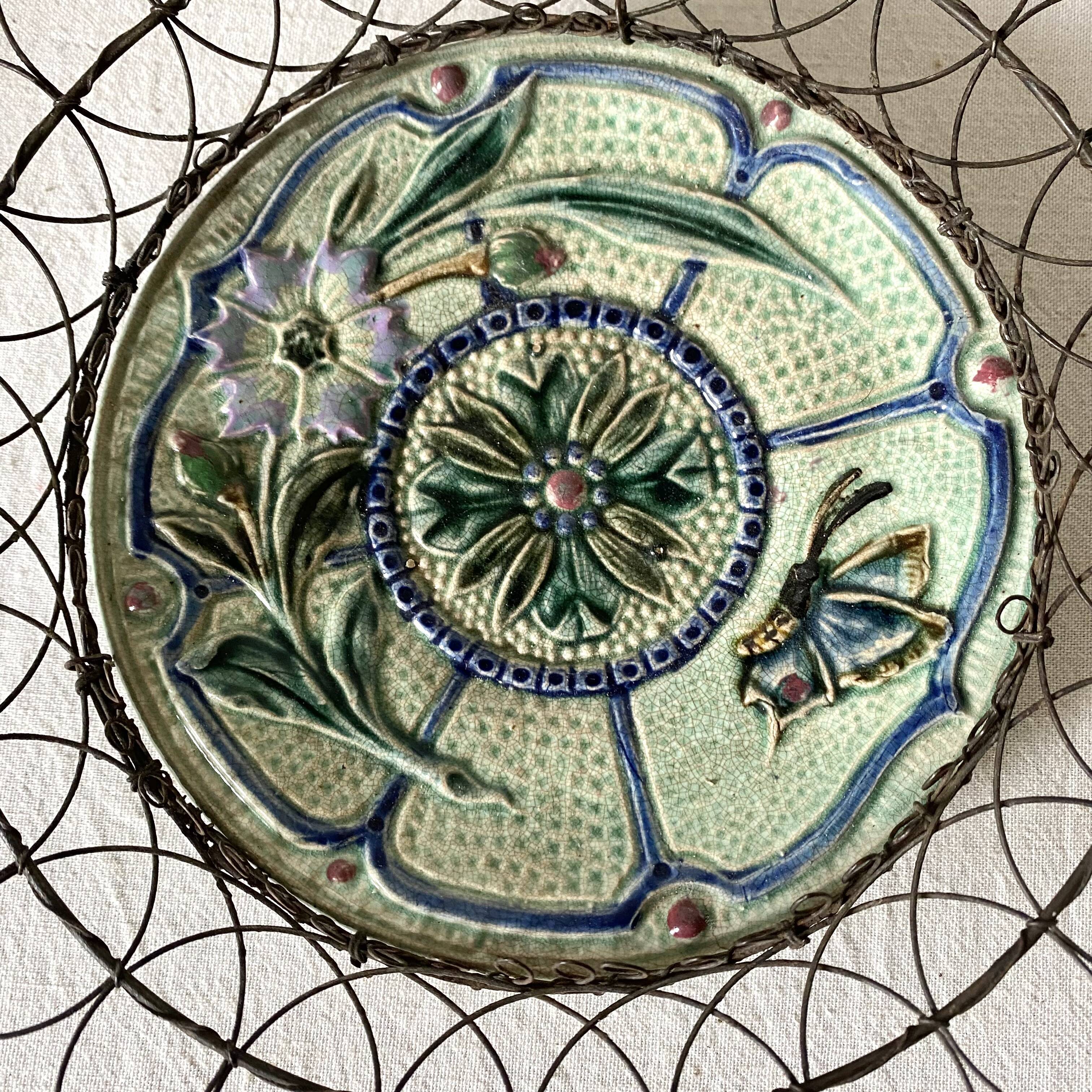 Antique barbotine and wire dish, 19th century