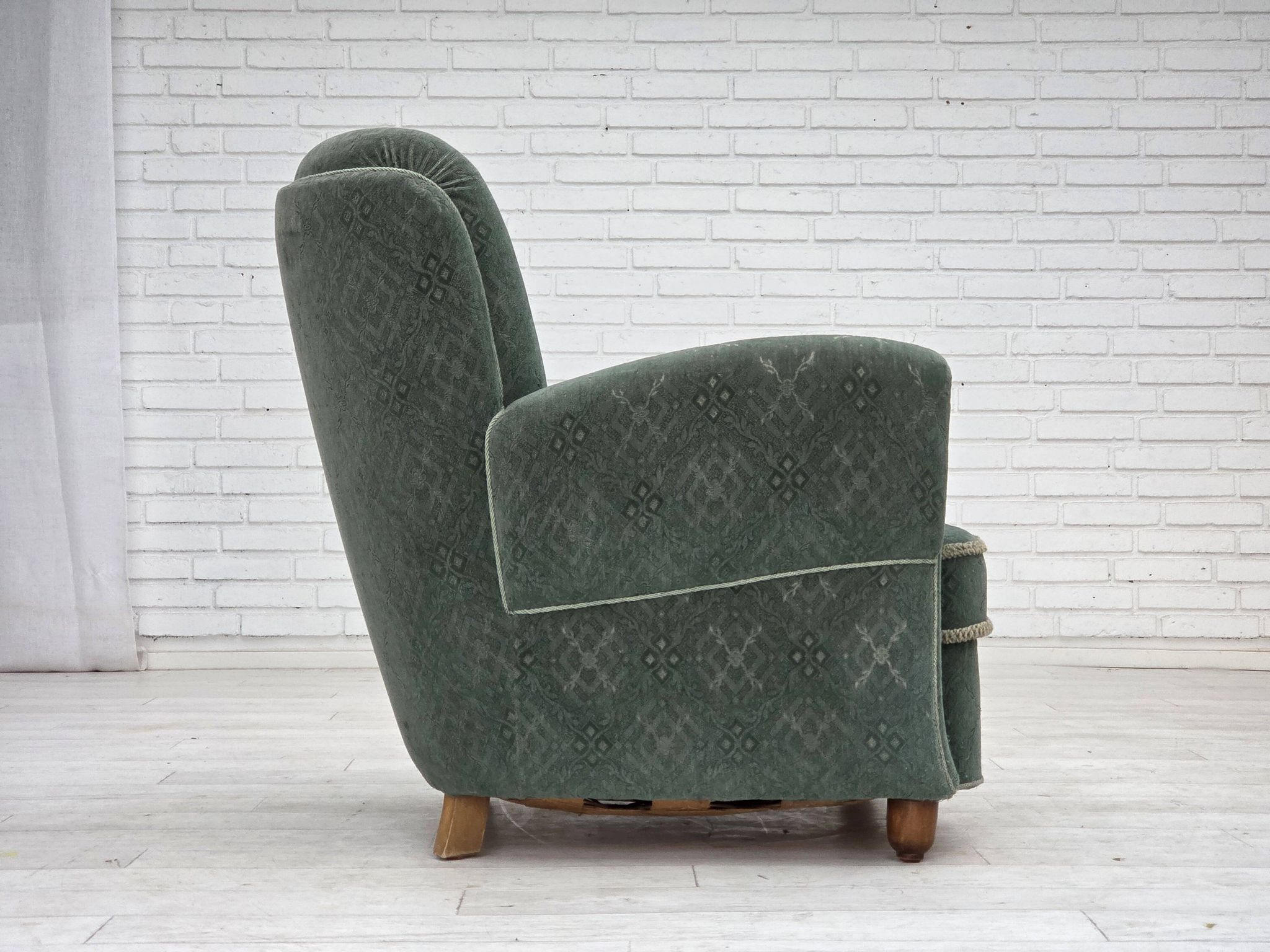 1960s, Danish armchair, light green furniture wool, oak wood legs.