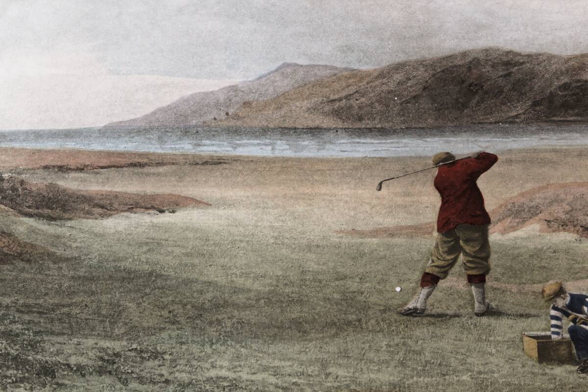 Coloured lithograph, "The Drive" Golf, after Douglas Adams (1853-1920)