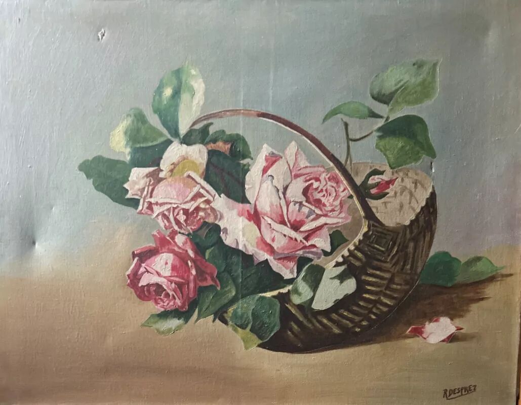 Old table flowers – oil on canvas – roses in a basket – the bucolic invitation