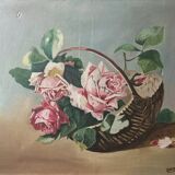 Old table flowers – oil on canvas – roses in a basket – the bucolic invitation