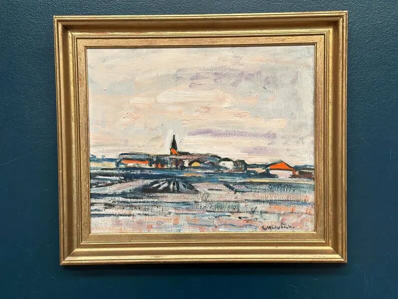 Original Swedish Oil on Panel – "Uppsala" by Gusten Widerbäck – Signed – Dated 1965 (on the back) – Framed – 38 × 43 cm