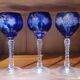 3 large cobalt blue cut crystal stemmed glasses