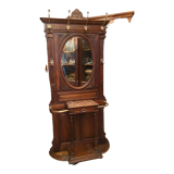 Solid walnut vestibule coat rack with oval mirror and bronze hooks