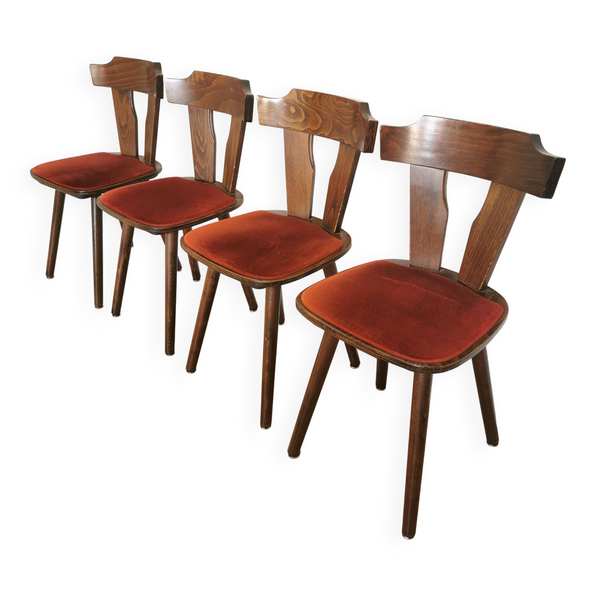 Vintage Tyrolean Dining Chairs: Set of 4, Red Fabric Seat, 1970s