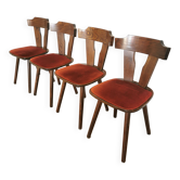 Chaises de salle à manger tyroliennes vintage : lot de 4, assise en tissu rouge, années 1970