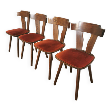 Vintage Tyrolean Dining Chairs: Set of 4, Red Fabric Seat, 1970s