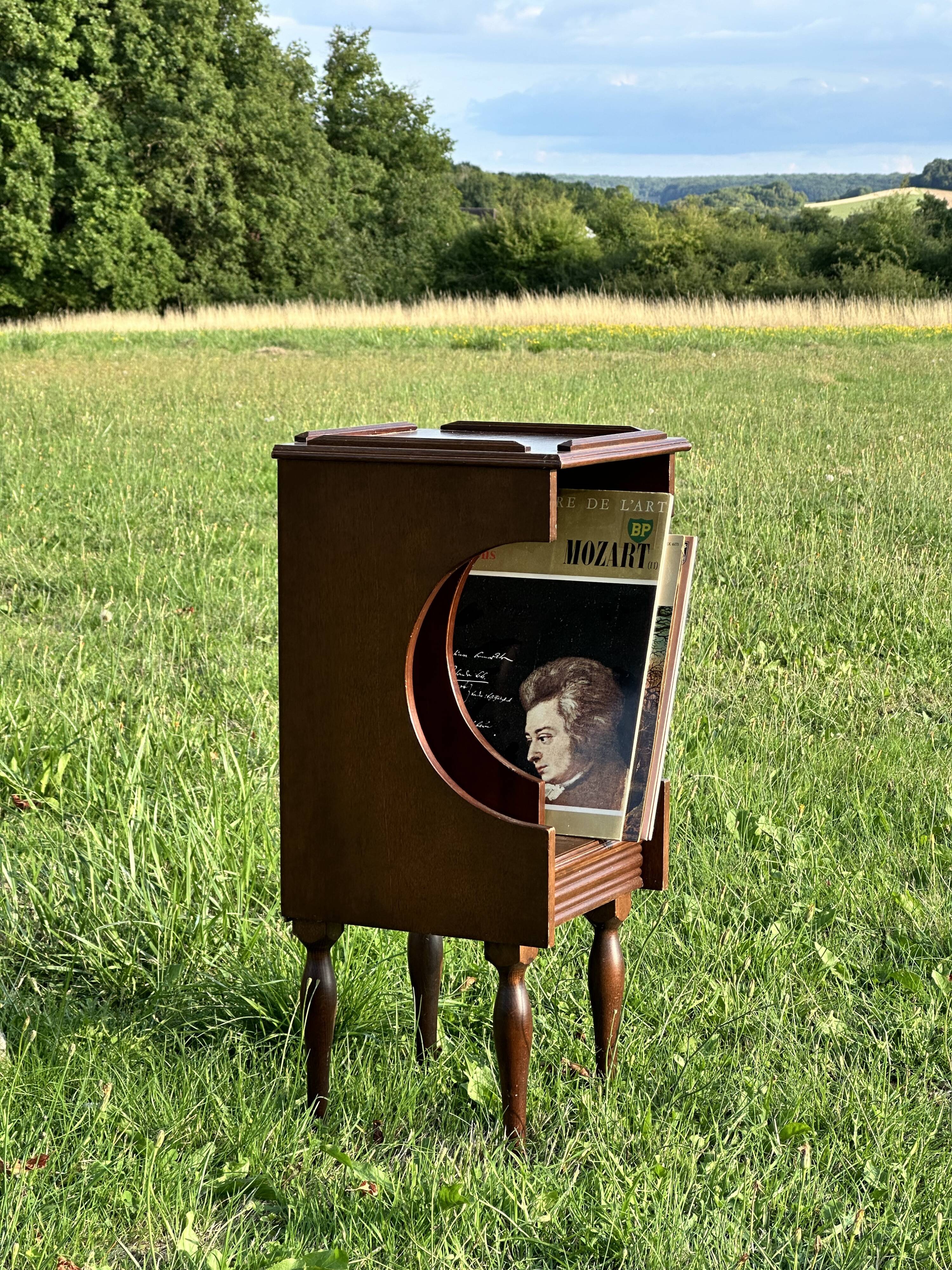 Vintage Dark Brown Wood Side Table - Vinyl Record Book Holder
