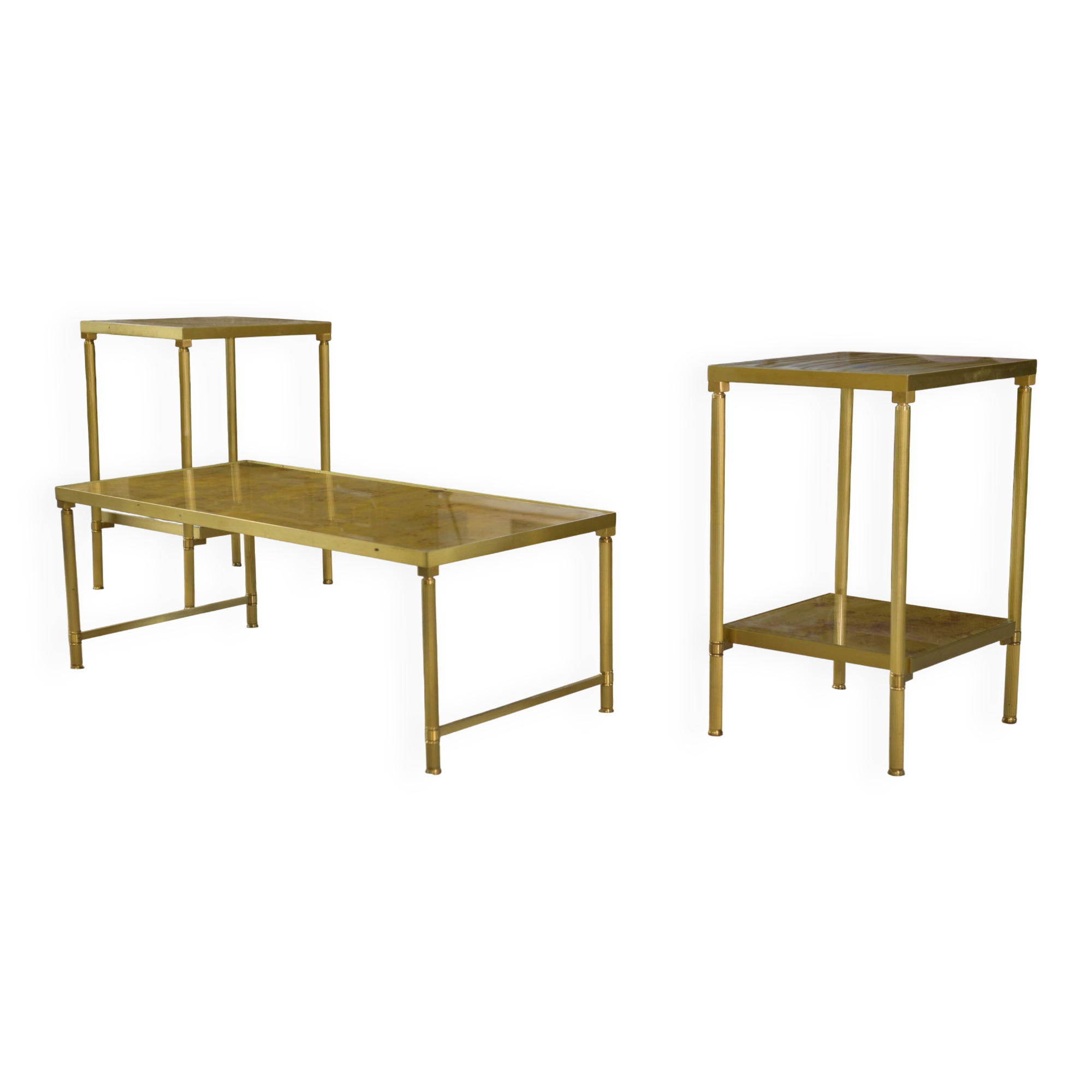 Néo-classical coffee table set with 2 side tables, mirrored glass, 1980s.