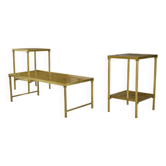 Néo-classical coffee table set with 2 side tables, mirrored glass, 1980s.