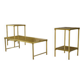 Néo-classical coffee table set with 2 side tables, mirrored glass, 1980s.