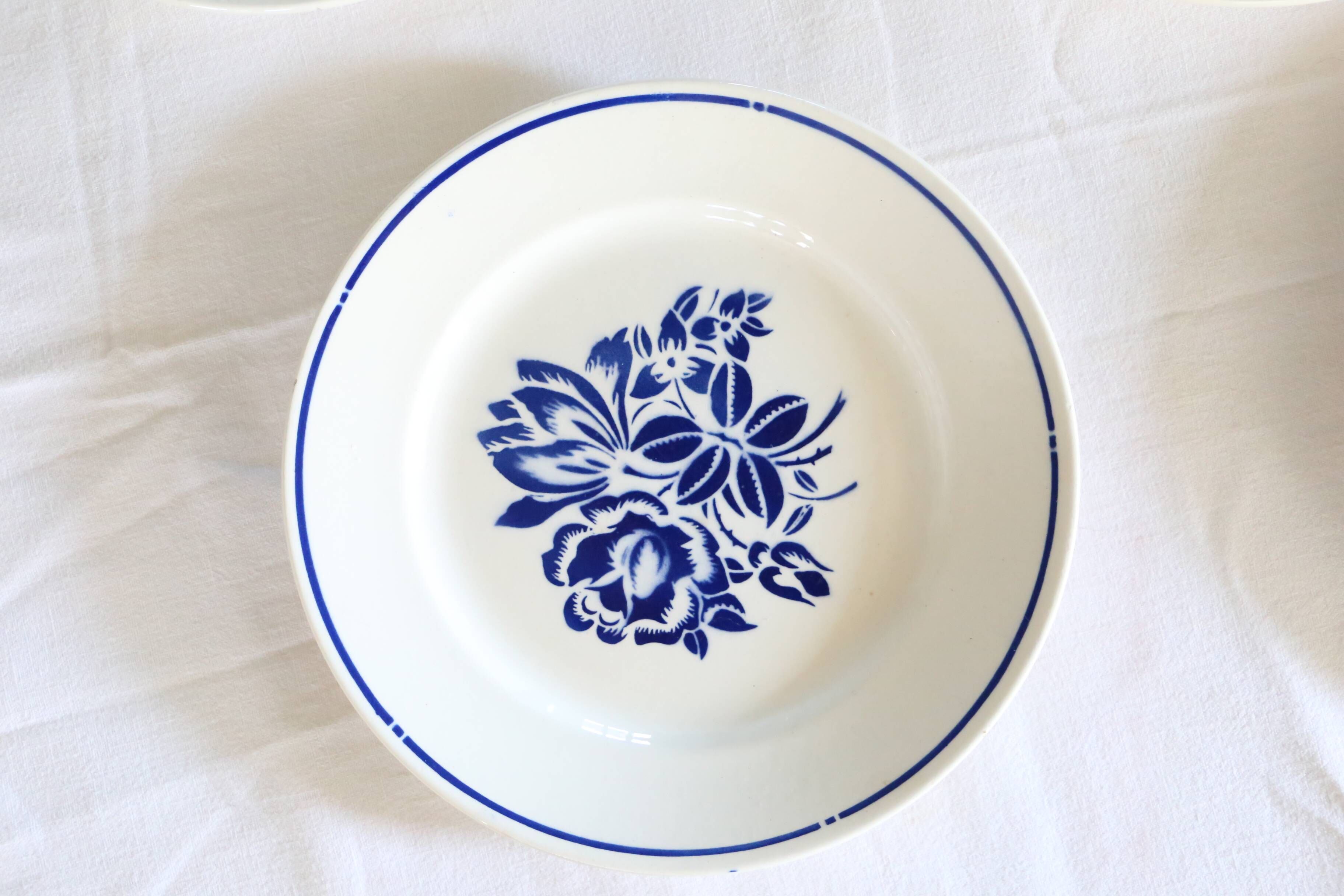 Set of 6 Badonviller flat plates, vintage French, authentic, rare, countryside