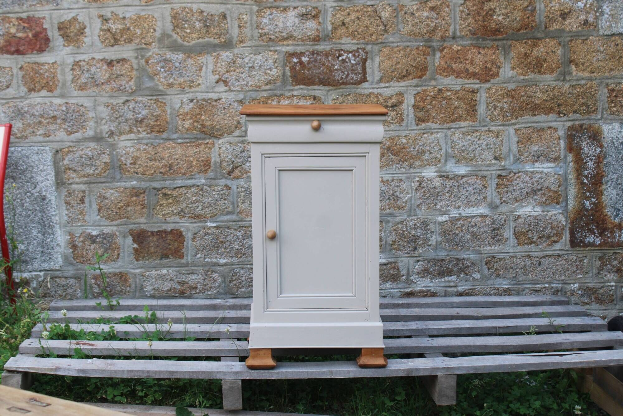 Renovated antique bedside table – Greige Galuchat, wooden top – houseboat style