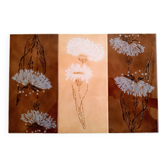 3 carreaux en céramique vintage, fleurs de style chinois, années 70