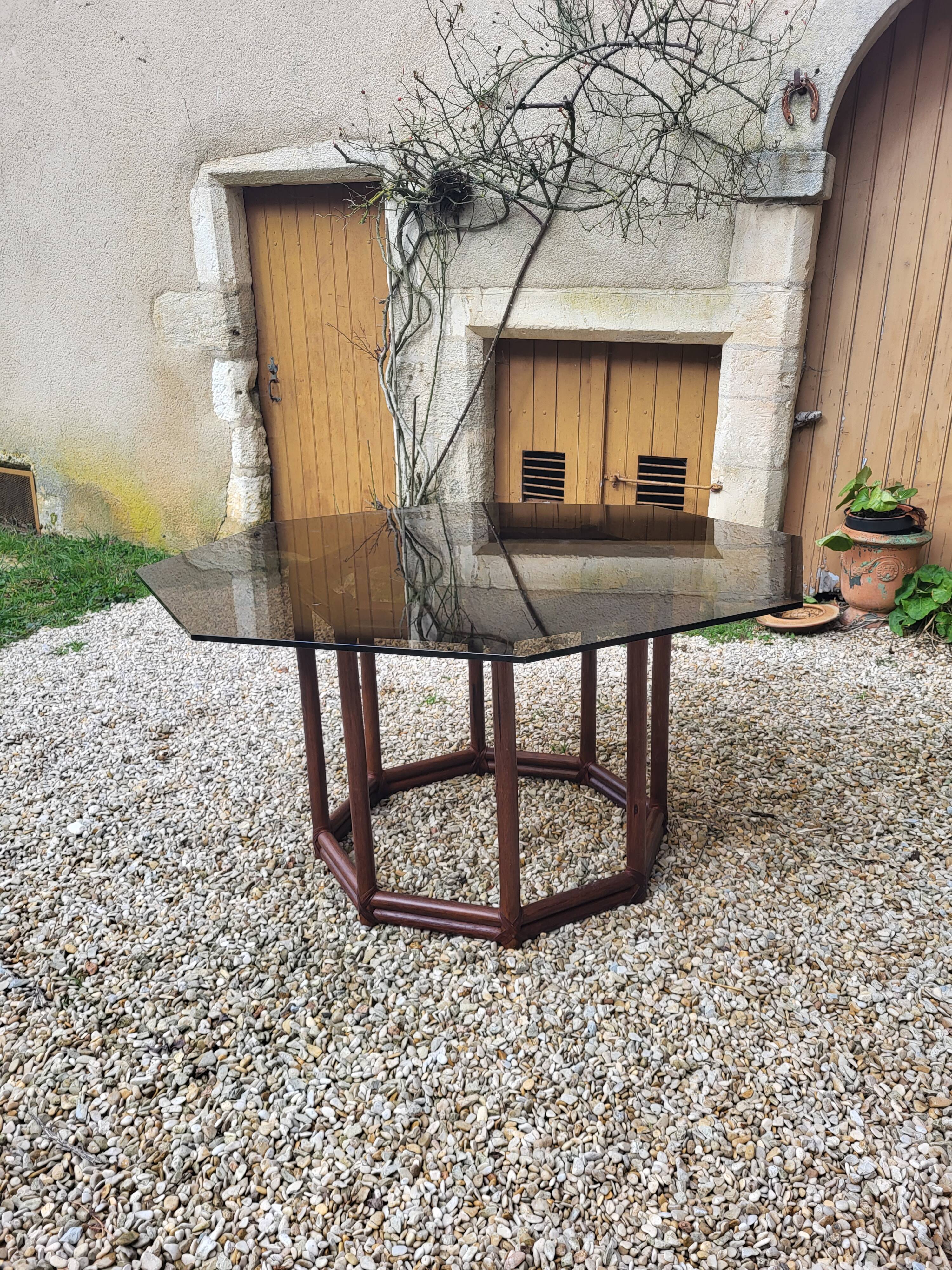 Wood table bamboo style smoked glass 70s