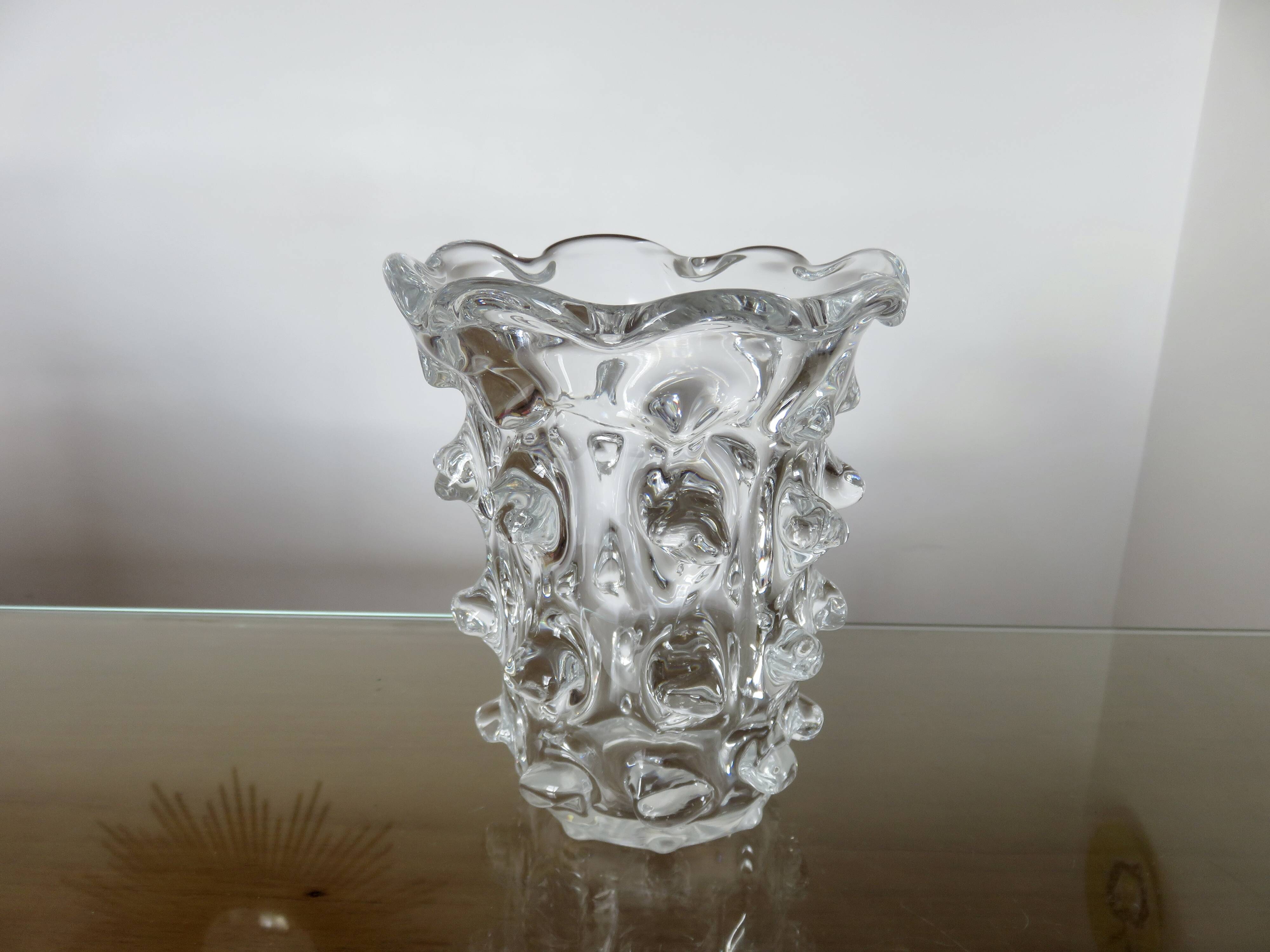 Schneider vase in crystal with prominent stretched texture, 1950s, signed.