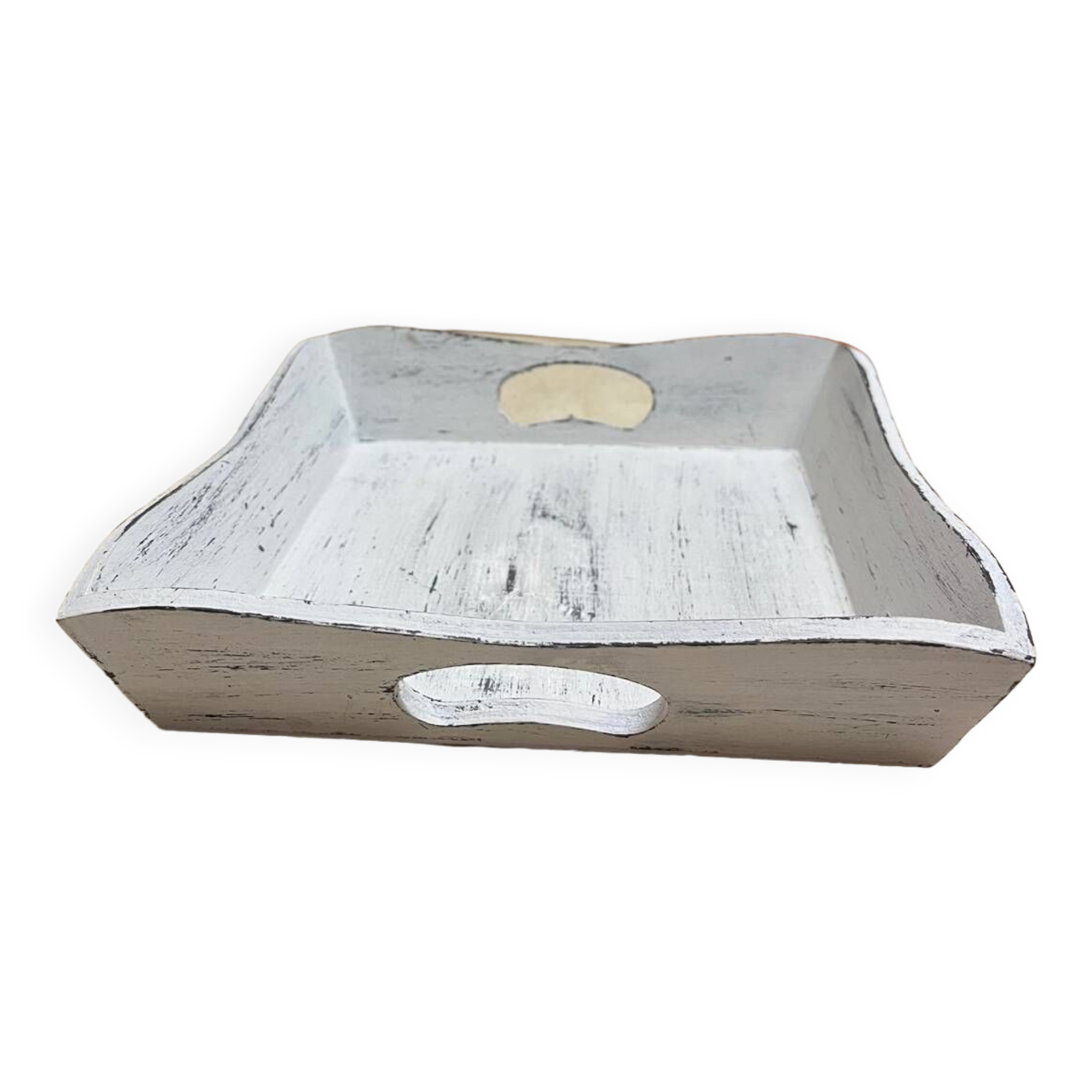 Old wooden tray with aged white patina