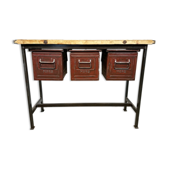 Industrial worktable with three iron drawers, 1960s