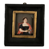 Miniature XIXe Madame Frissard sur un fauteuil cadre en bois noirci