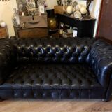 Canapé Chesterfield en cuir noir véritable 3 places
