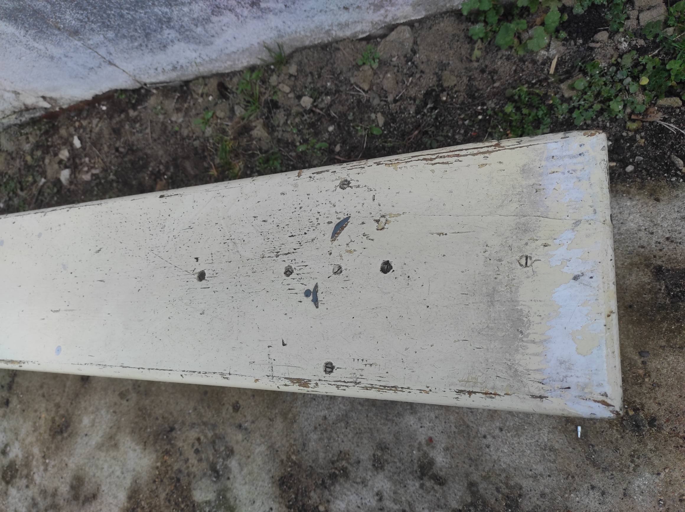 Old wooden farm bench vintage white fir industrial cloakroom