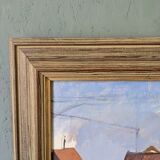 Peinture à l’huile de paysage vintage suédoise moderne du milieu du siècle « Suburban Serenade », encadrée, 1951