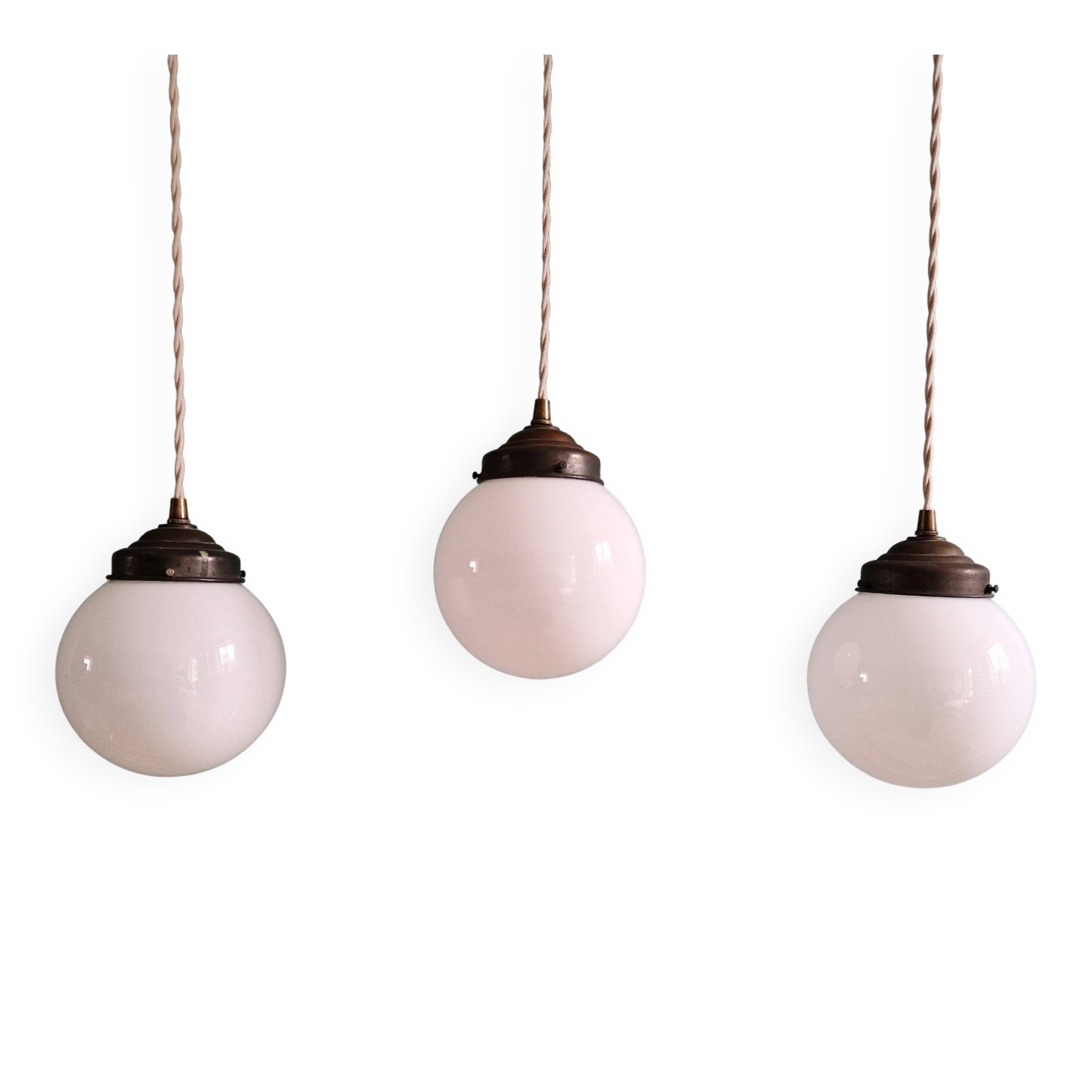 Art Deco trio of suspensions in white opaline, 1930s