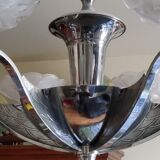 Art deco chandelier in chromed metal and glass 6 arms of lights