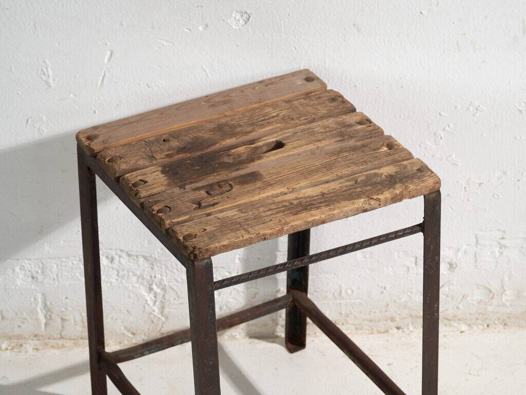 Vintage industrial stool made of pine wood and iron – Central Europe, around 1950